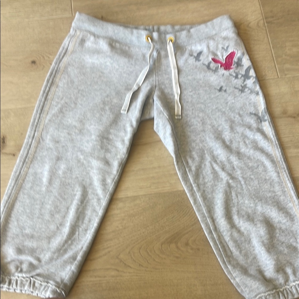 American Eagle Gray and Pink Joggers with Floral Design